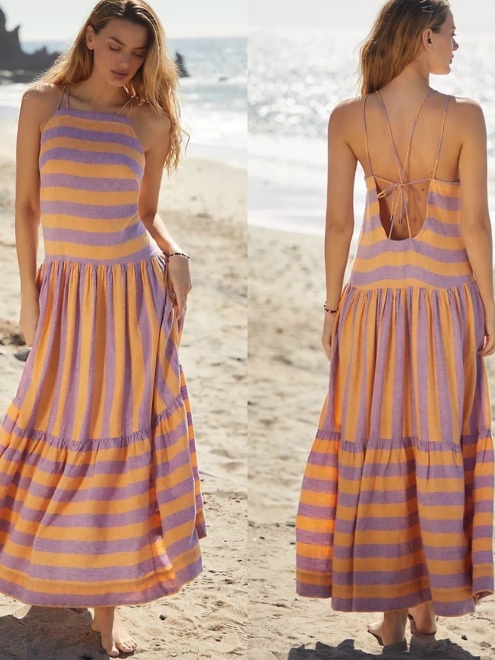 NWT Anthropologie Women’s Striped Purple and Mustard Yellow Ruffle Hem Dress